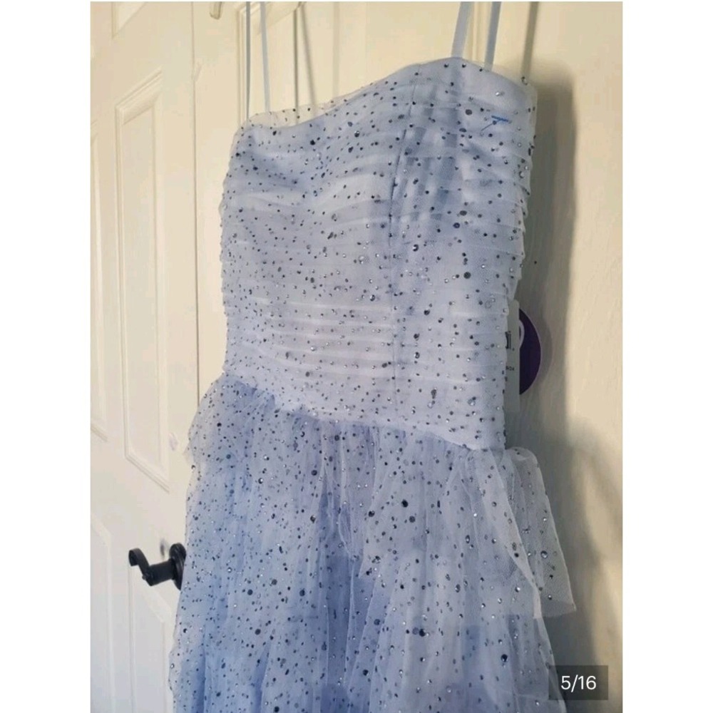Windsor Arie Powder Blue Strapless Tiered Tulle Mini Dress Rhinestone Fairy Med - Picture 3 of 13